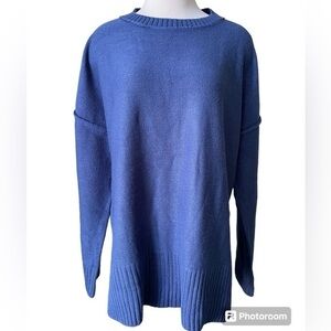 MEROKEETY Oversized Blue Crewneck Split Hem Sweater Reverse Stitching‎ Size XL